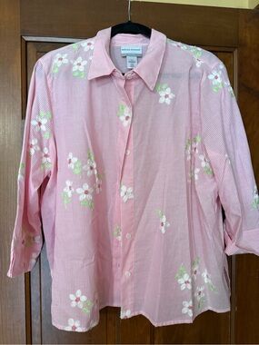 Alfred Dunner Pink Striped Floral Button-Down Shirt